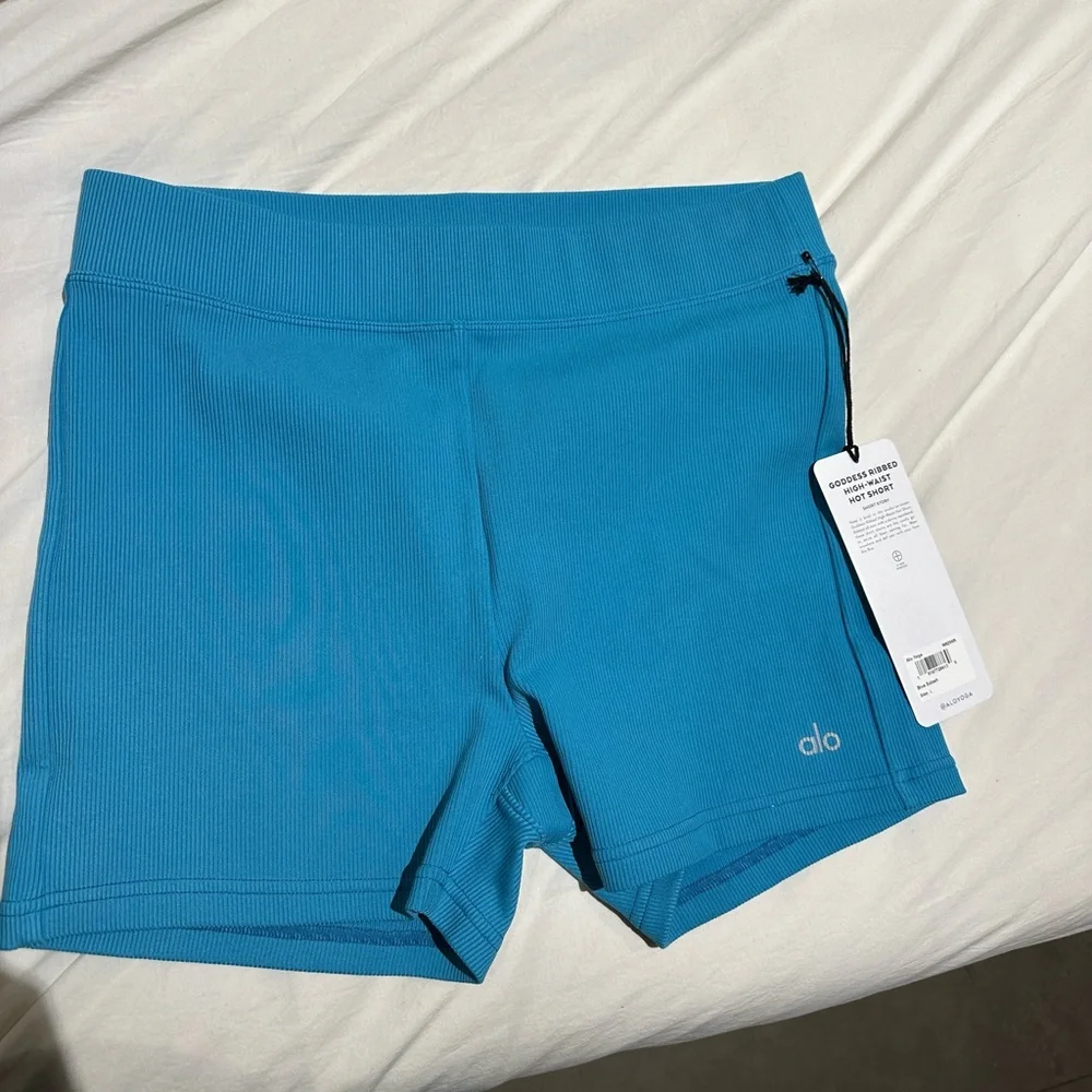 ALO goddess ribbed high waist hot short turquoise size large Pilates yoga gym - Picture 1 of 3